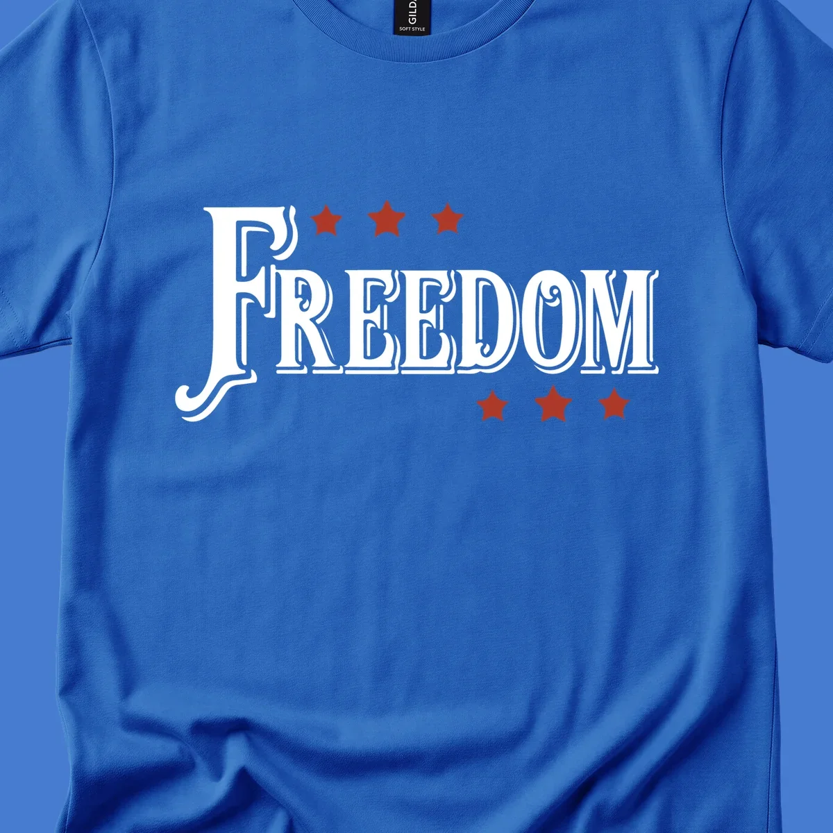 Bold text 'FREEDOM' with red stars, representing american freedom.