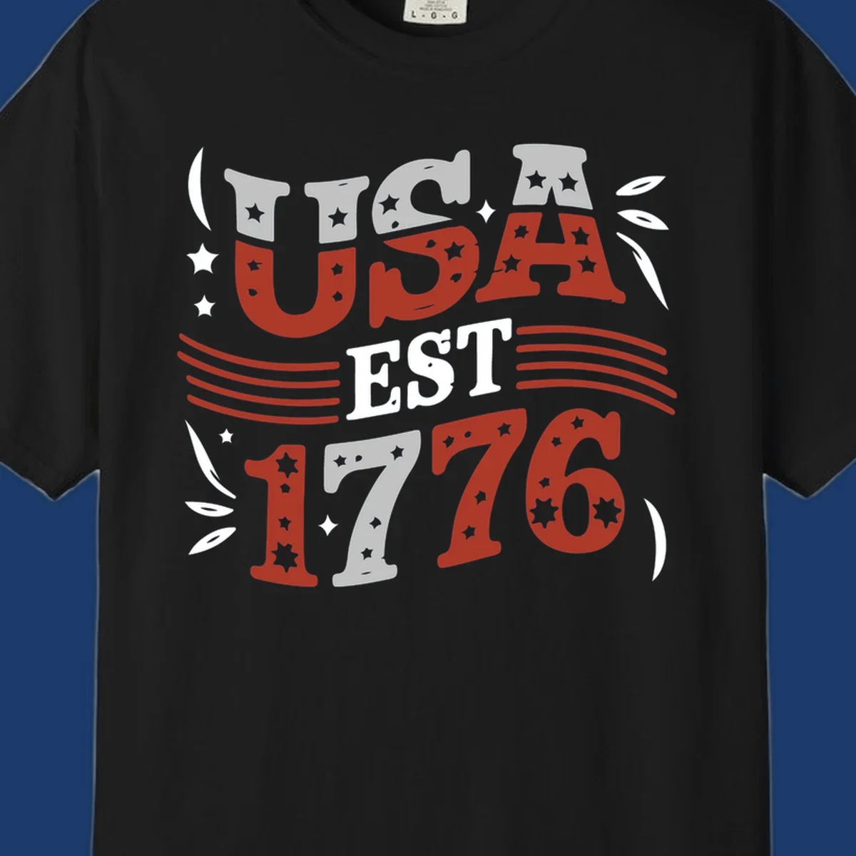 USA 1776 celebration text with stars and stripes elements.