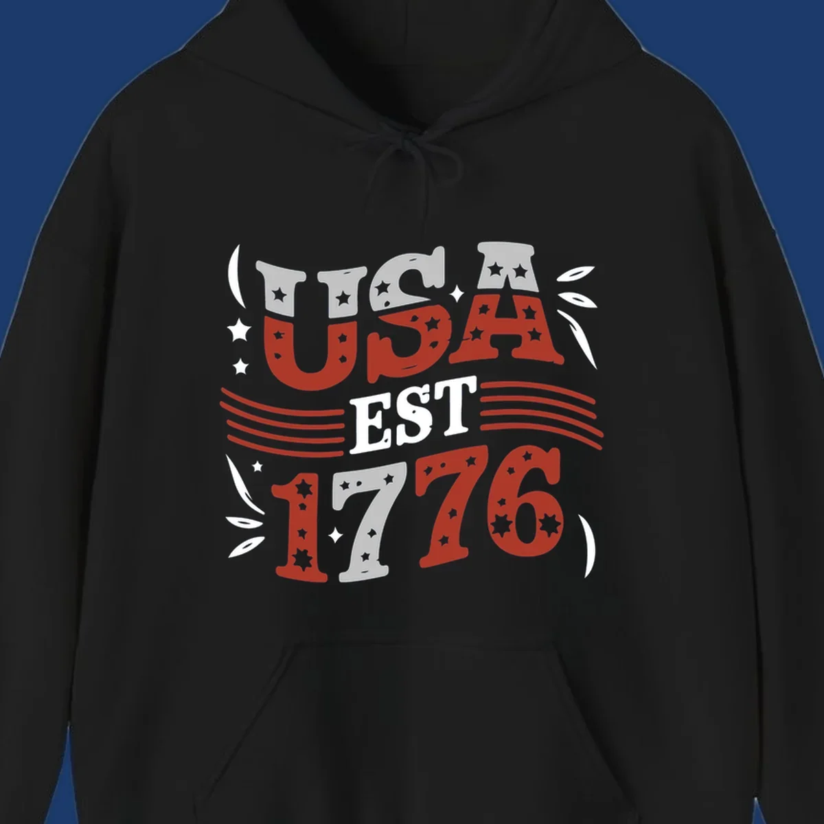 USA 1776 celebration text with stars and stripes elements.