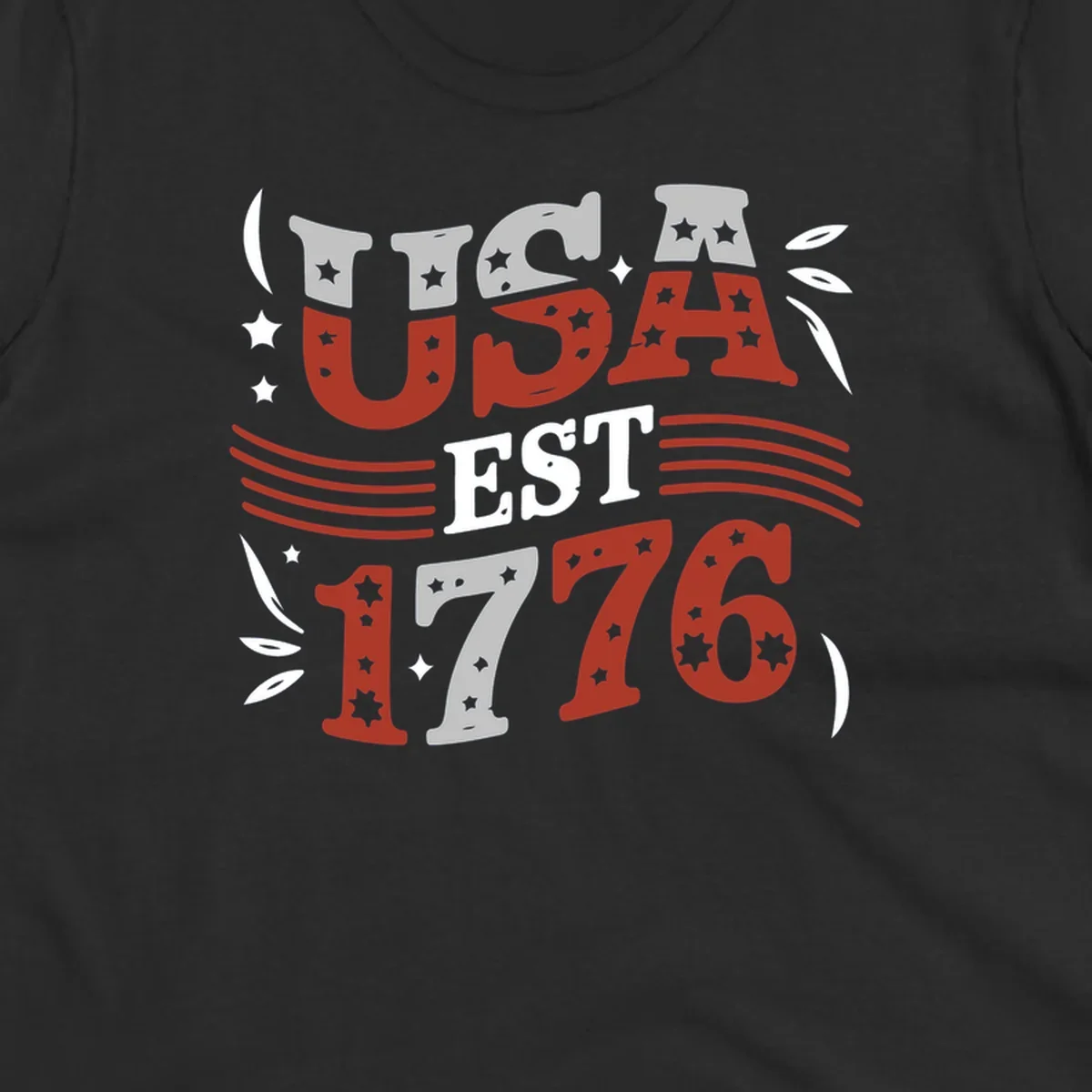 USA 1776 celebration text with stars and stripes elements.