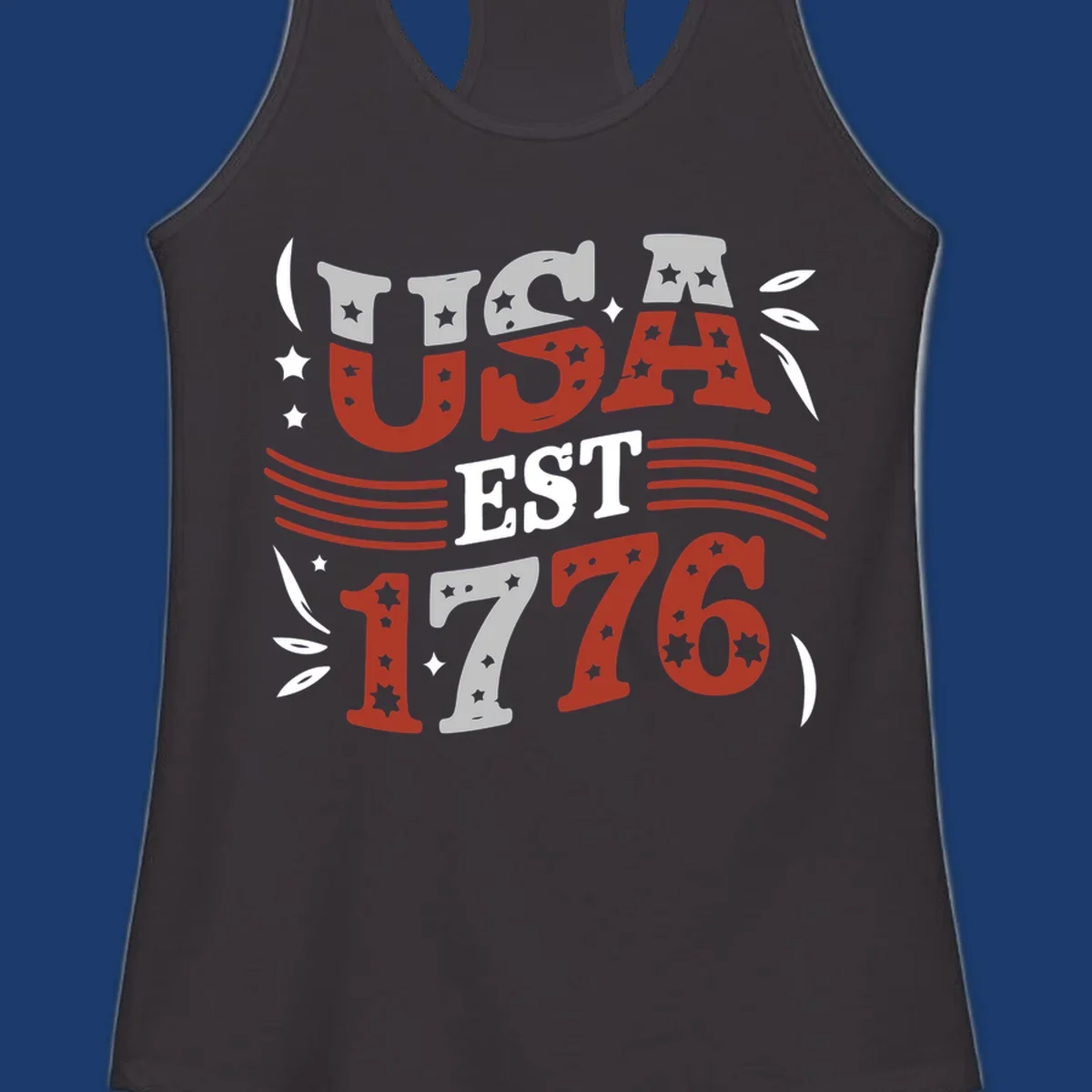 USA 1776 celebration text with stars and stripes elements.