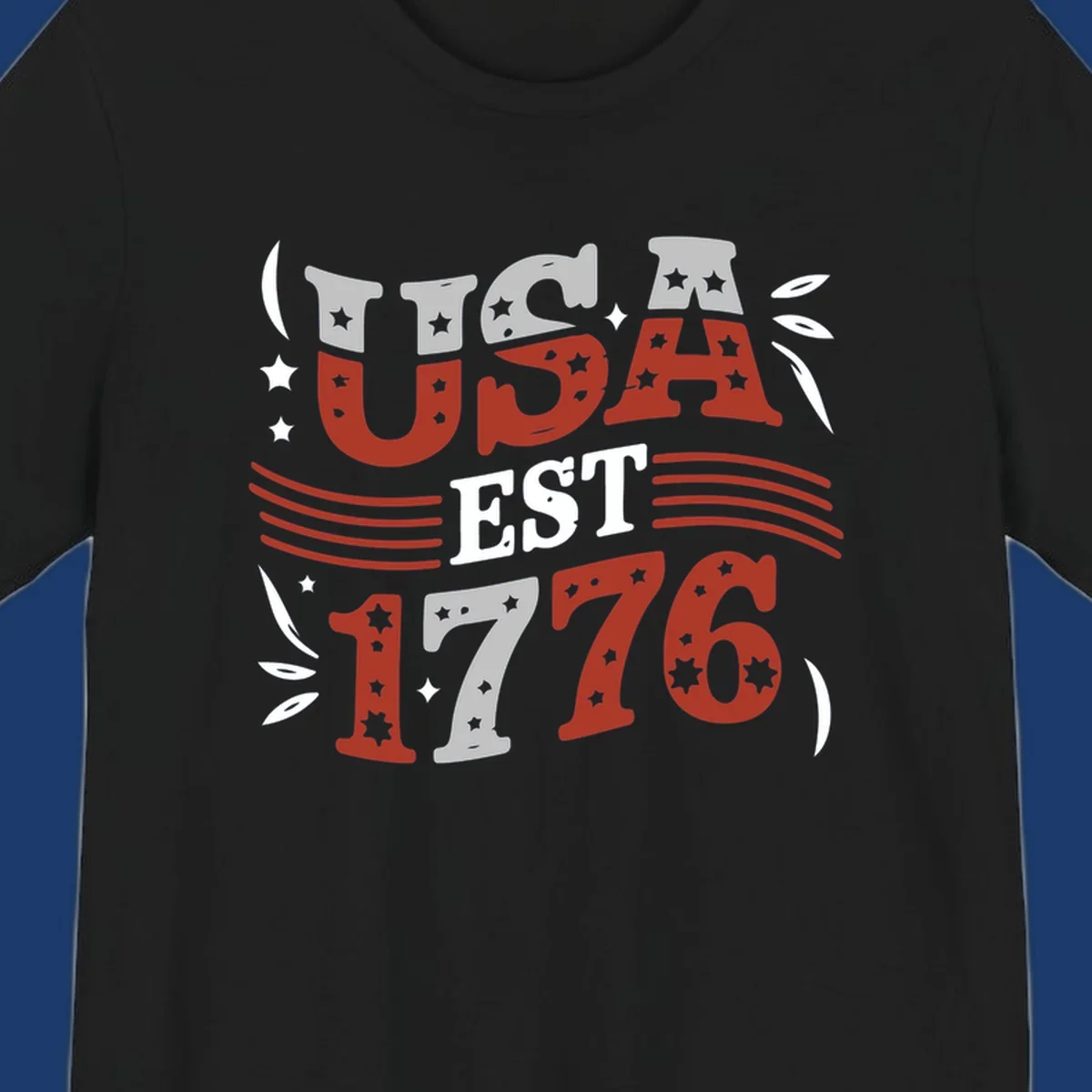 USA 1776 celebration text with stars and stripes elements.