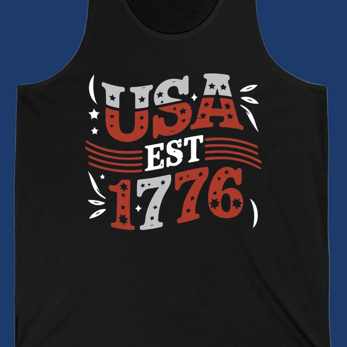 USA 1776 celebration text with stars and stripes elements.