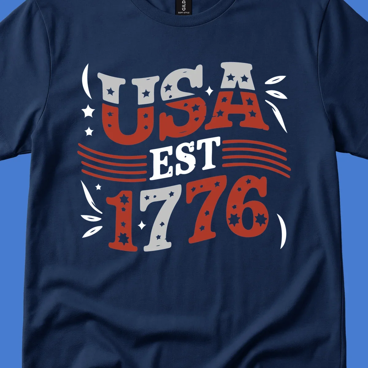 USA 1776 celebration text with stars and stripes elements.