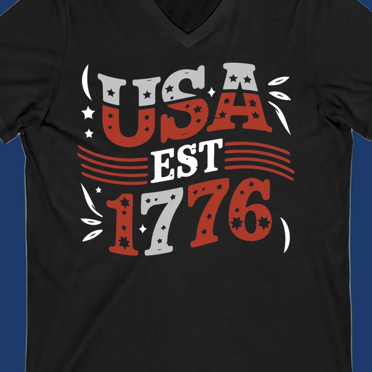 USA 1776 celebration text with stars and stripes elements.