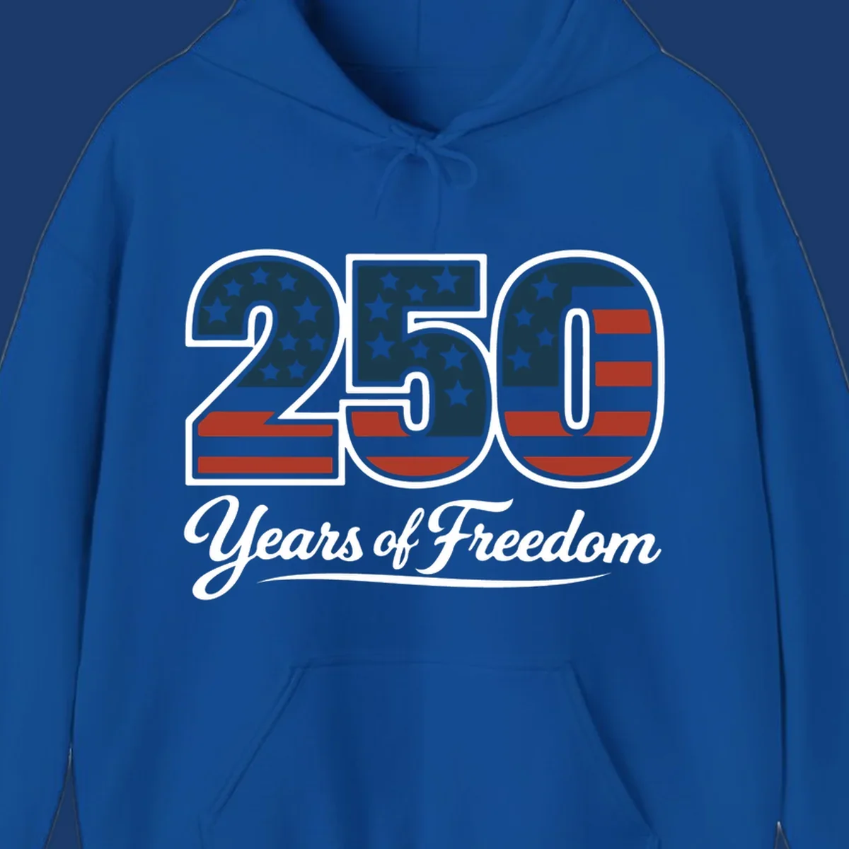 America 250 Years Of Freedom design with American flag elements and script text.