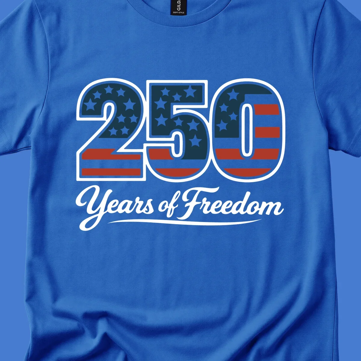 America 250 Years Of Freedom design with American flag elements and script text.