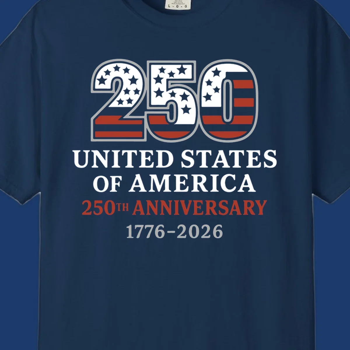 USA 250th anniversary design with bold text and American flag numbers.