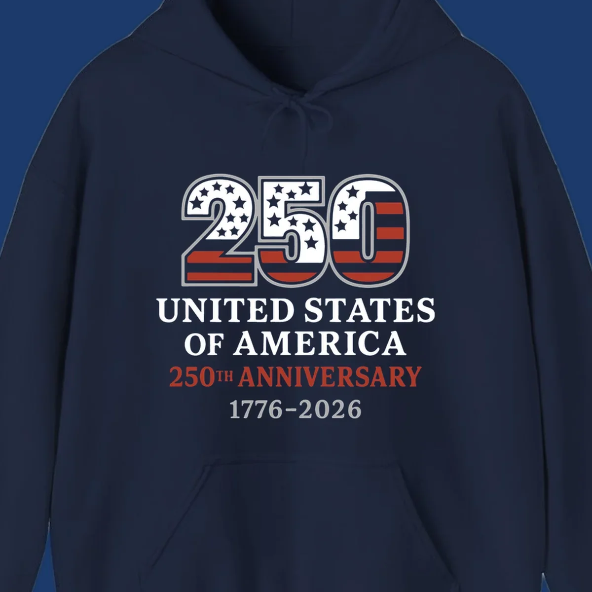 USA 250th anniversary design with bold text and American flag numbers.