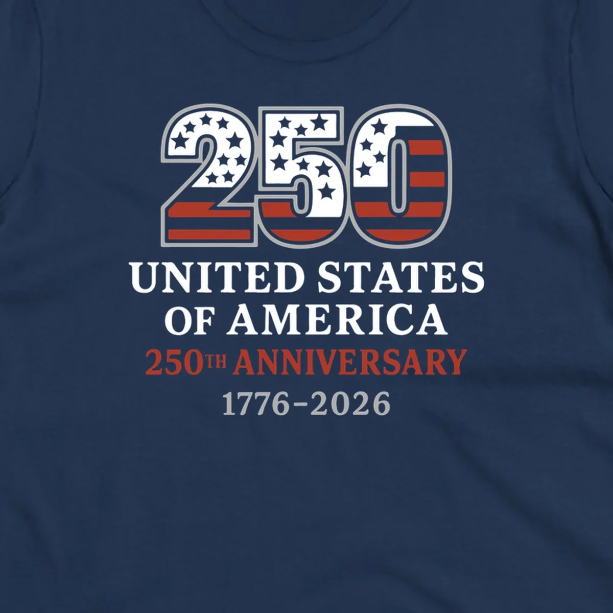 USA 250th anniversary design with bold text and American flag numbers.