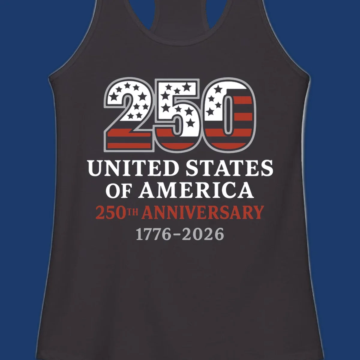 USA 250th anniversary design with bold text and American flag numbers.