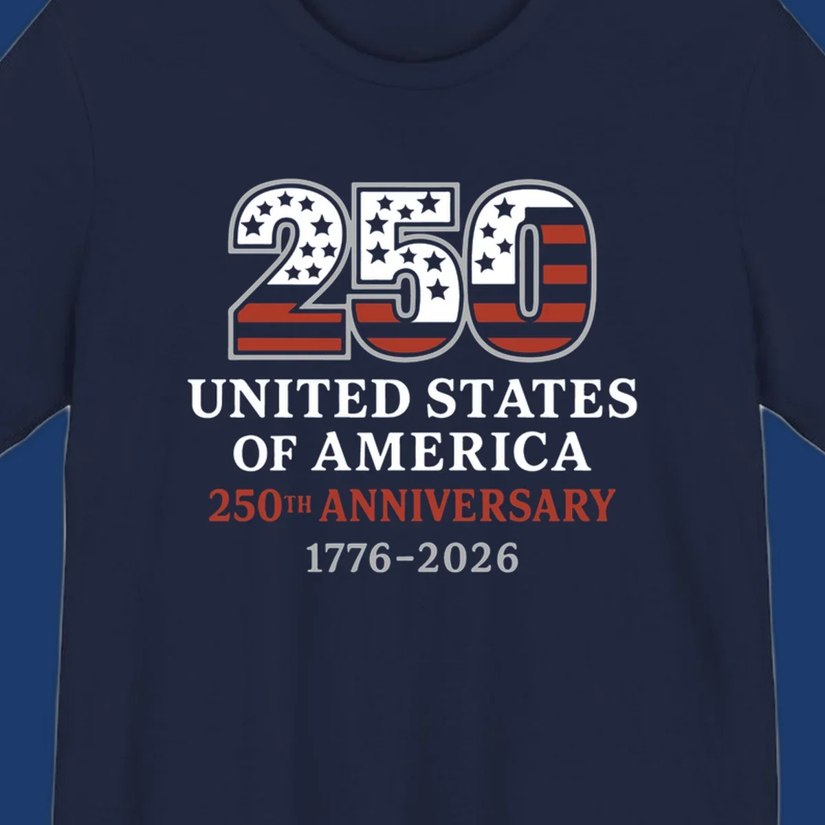 USA 250th anniversary design with bold text and American flag numbers.