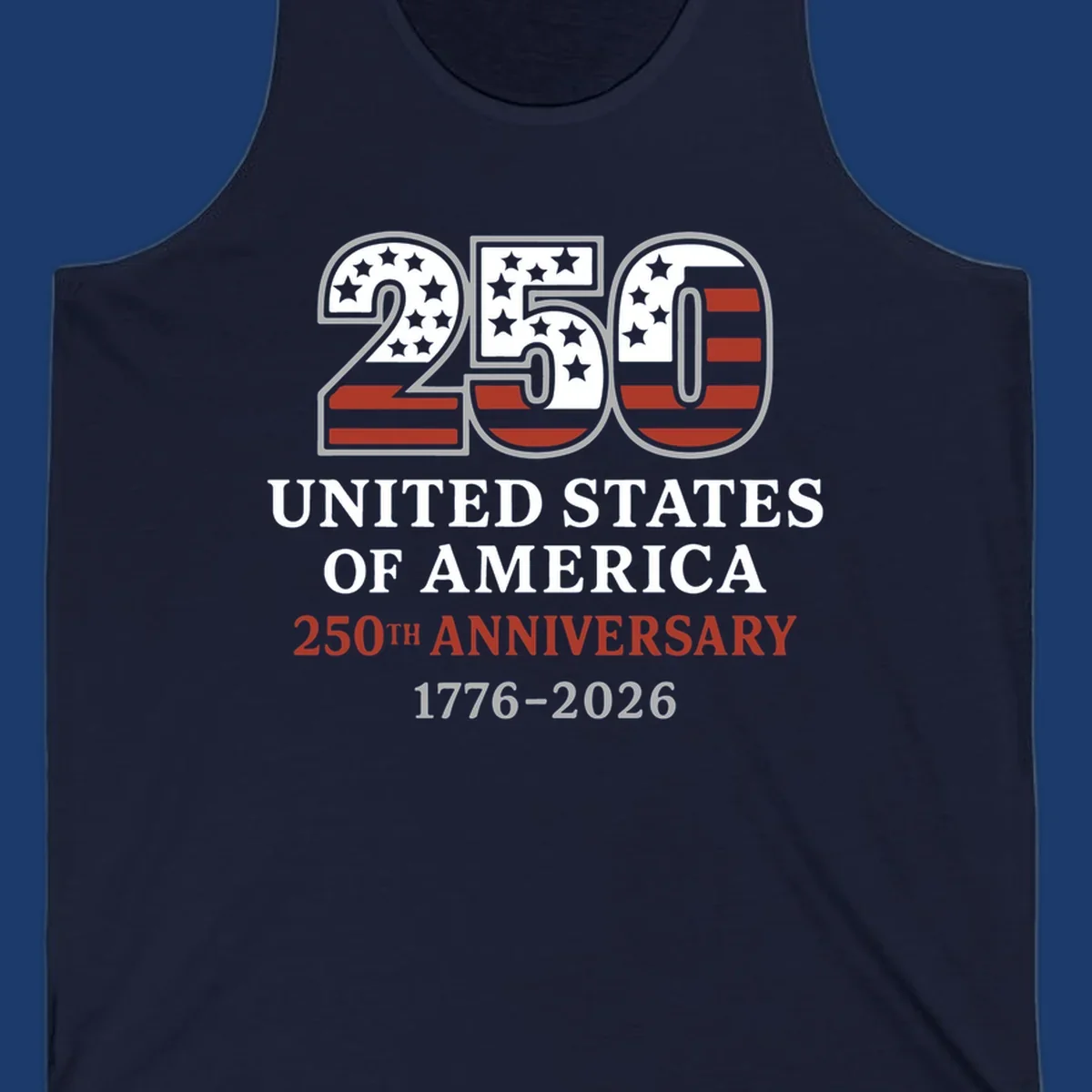 USA 250th anniversary design with bold text and American flag numbers.