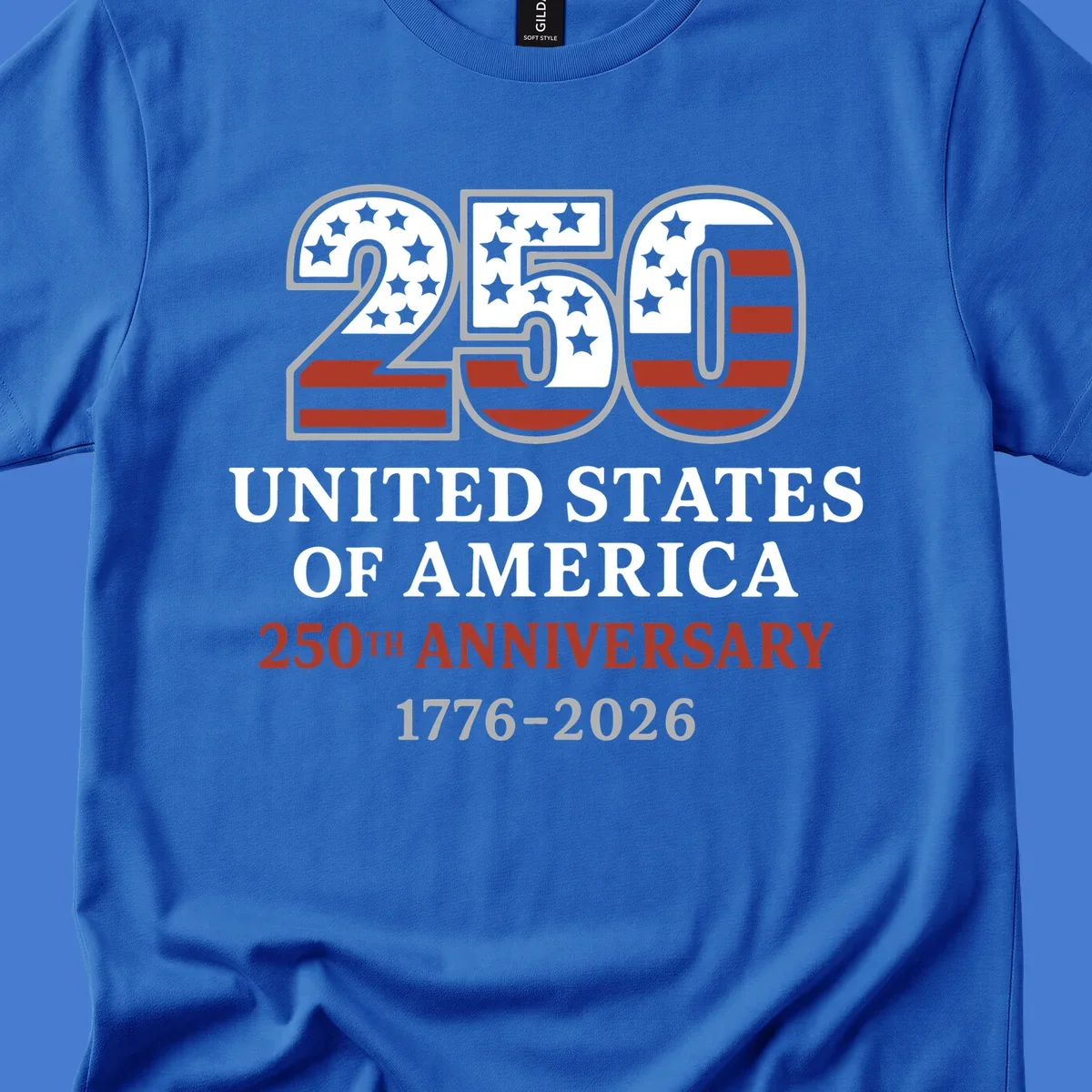USA 250th anniversary design with bold text and American flag numbers.