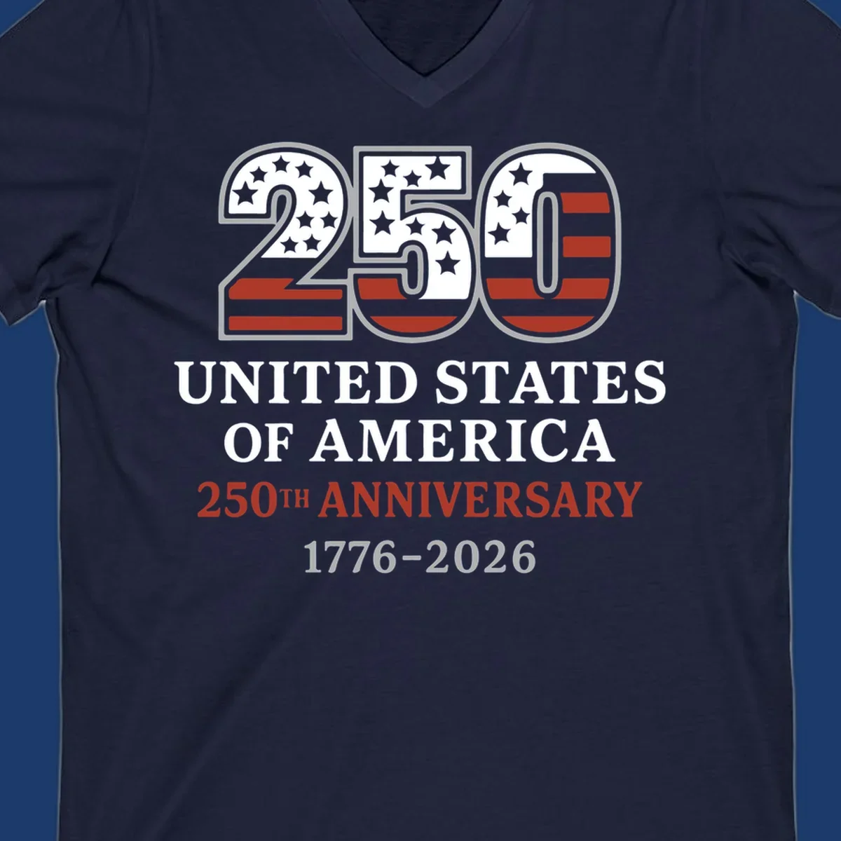 USA 250th anniversary design with bold text and American flag numbers.