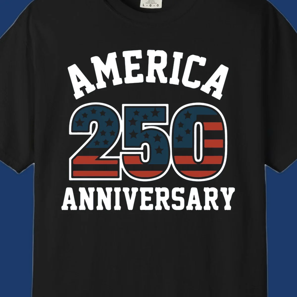 America 250th Anniversary text with American flag pattern numbers.