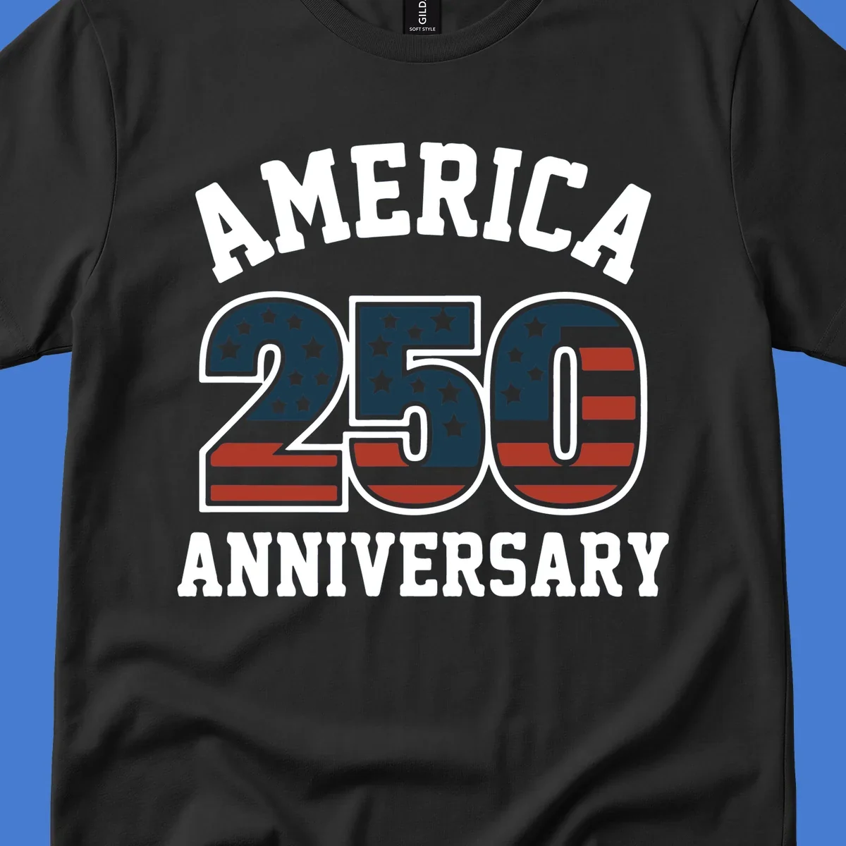 America 250th Anniversary text with American flag pattern numbers.