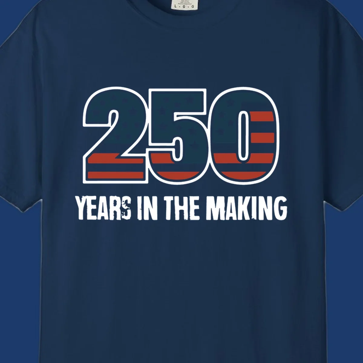America 250 years in the making design featuring the number 250 with an American flag pattern and distressed text.