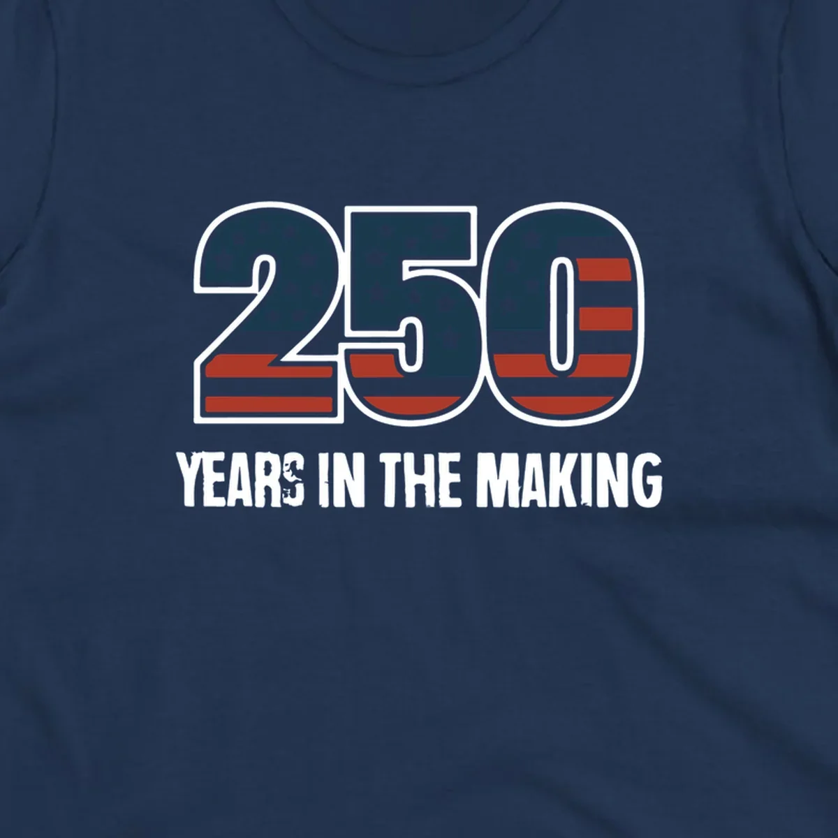 America 250 years in the making design featuring the number 250 with an American flag pattern and distressed text.