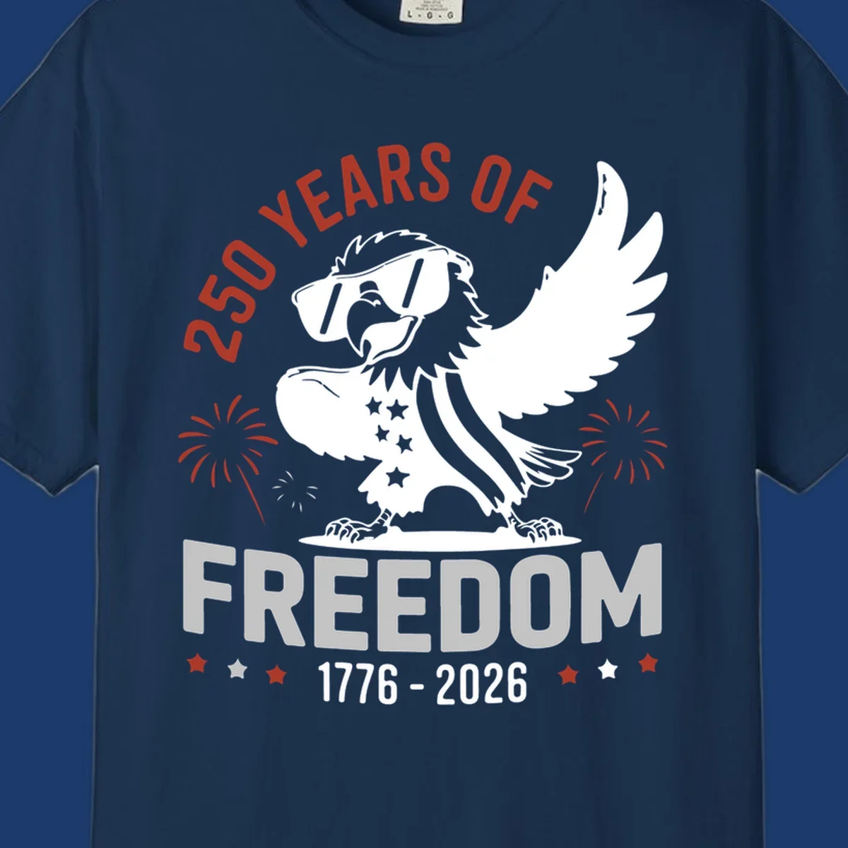 America 250 freedom eagle illustration with fireworks, text '250 YEARS OF FREEDOM 1776-2026'.