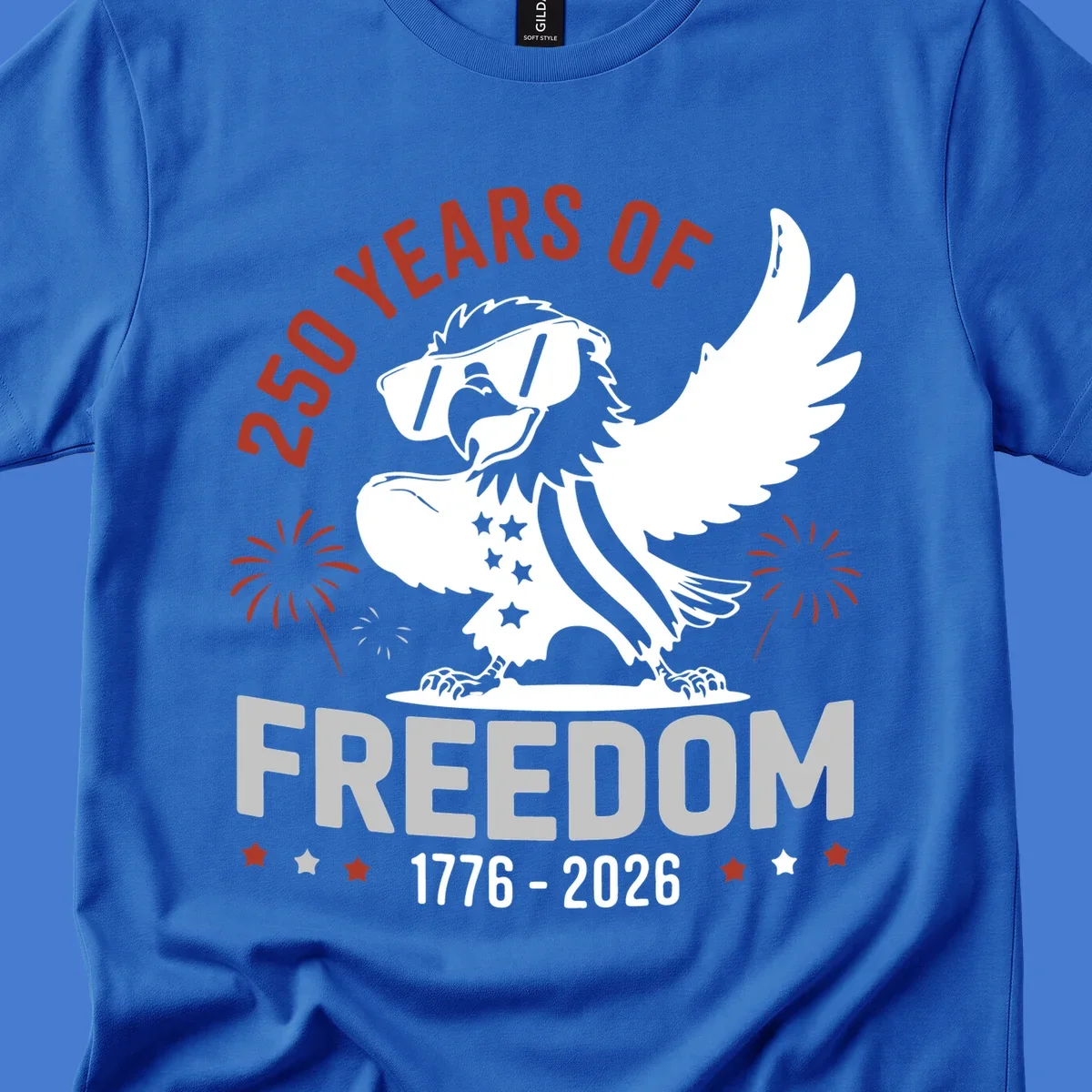 America 250 freedom eagle illustration with fireworks, text '250 YEARS OF FREEDOM 1776-2026'.