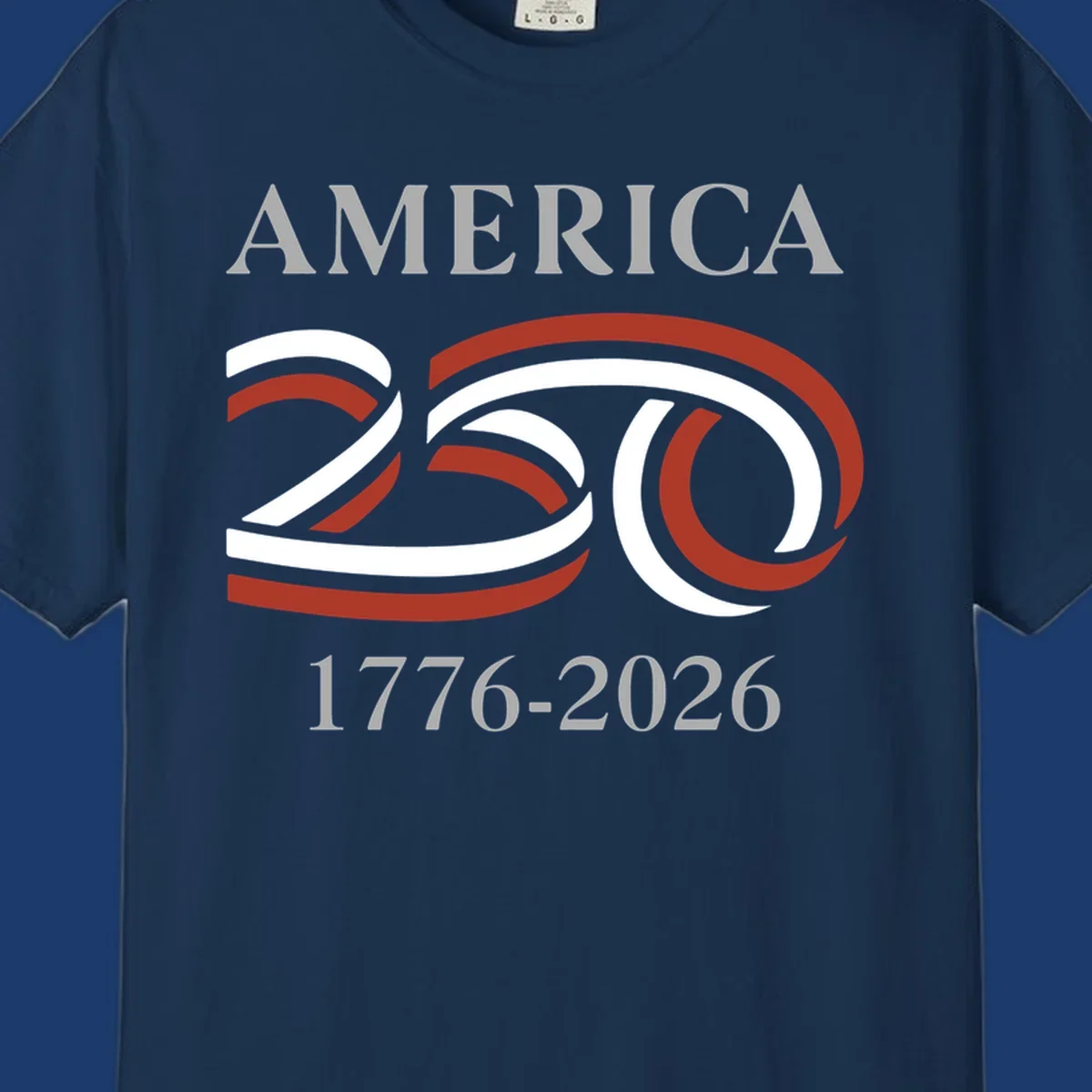 America 250th anniversary design with 'AMERICA 250 1776-2026' text and ribbon graphic.
