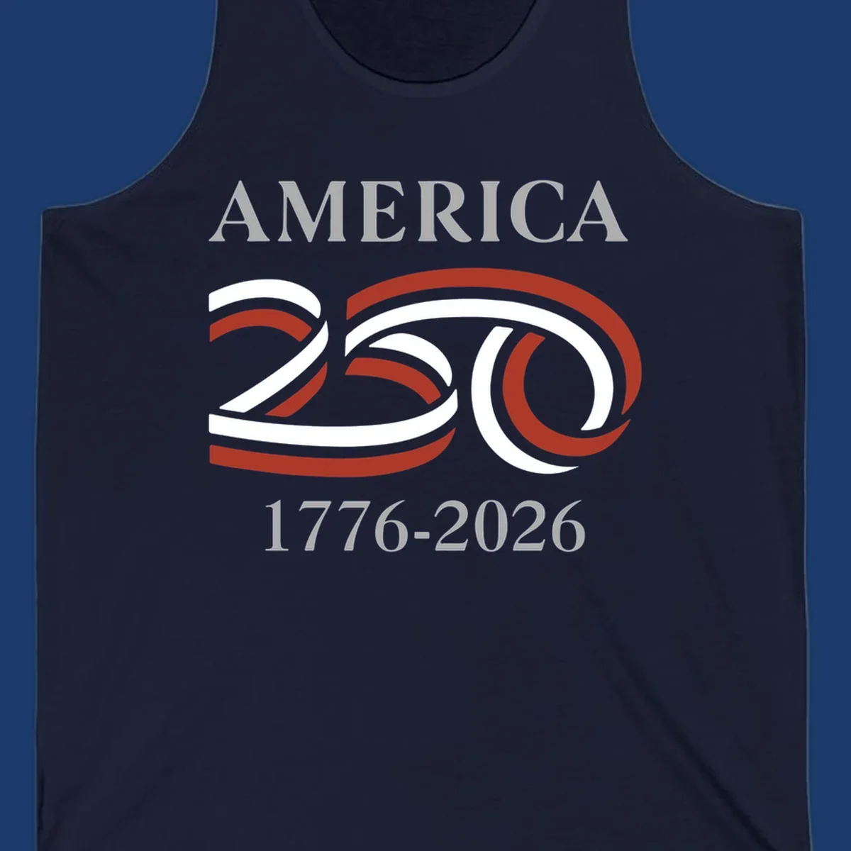America 250th anniversary design with 'AMERICA 250 1776-2026' text and ribbon graphic.