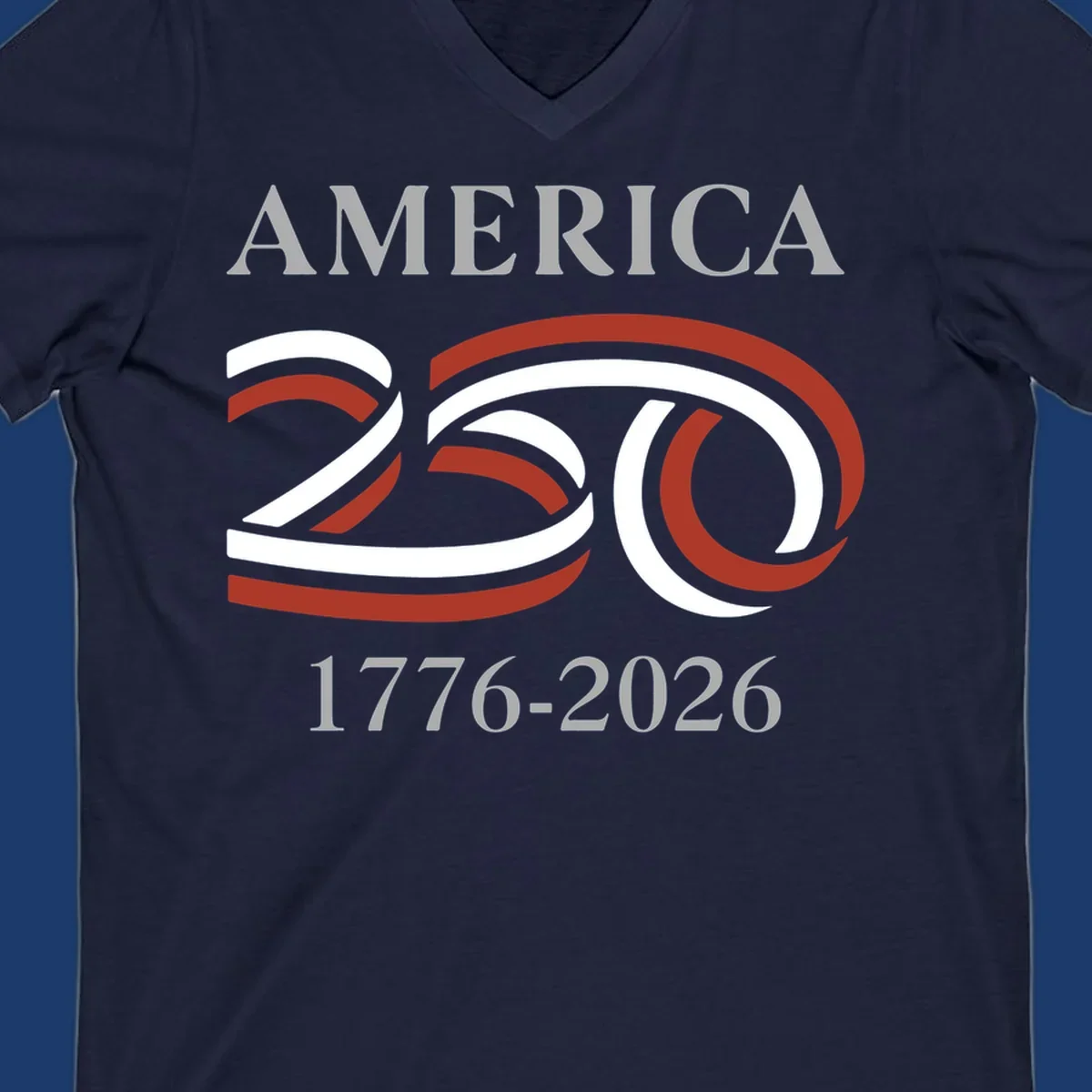 America 250th anniversary design with 'AMERICA 250 1776-2026' text and ribbon graphic.