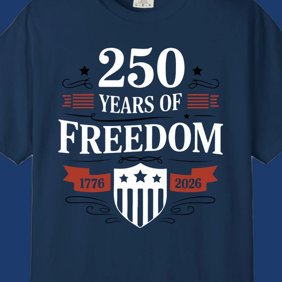 America 250 freedom text and shield graphic with 1776 and 2026 dates.