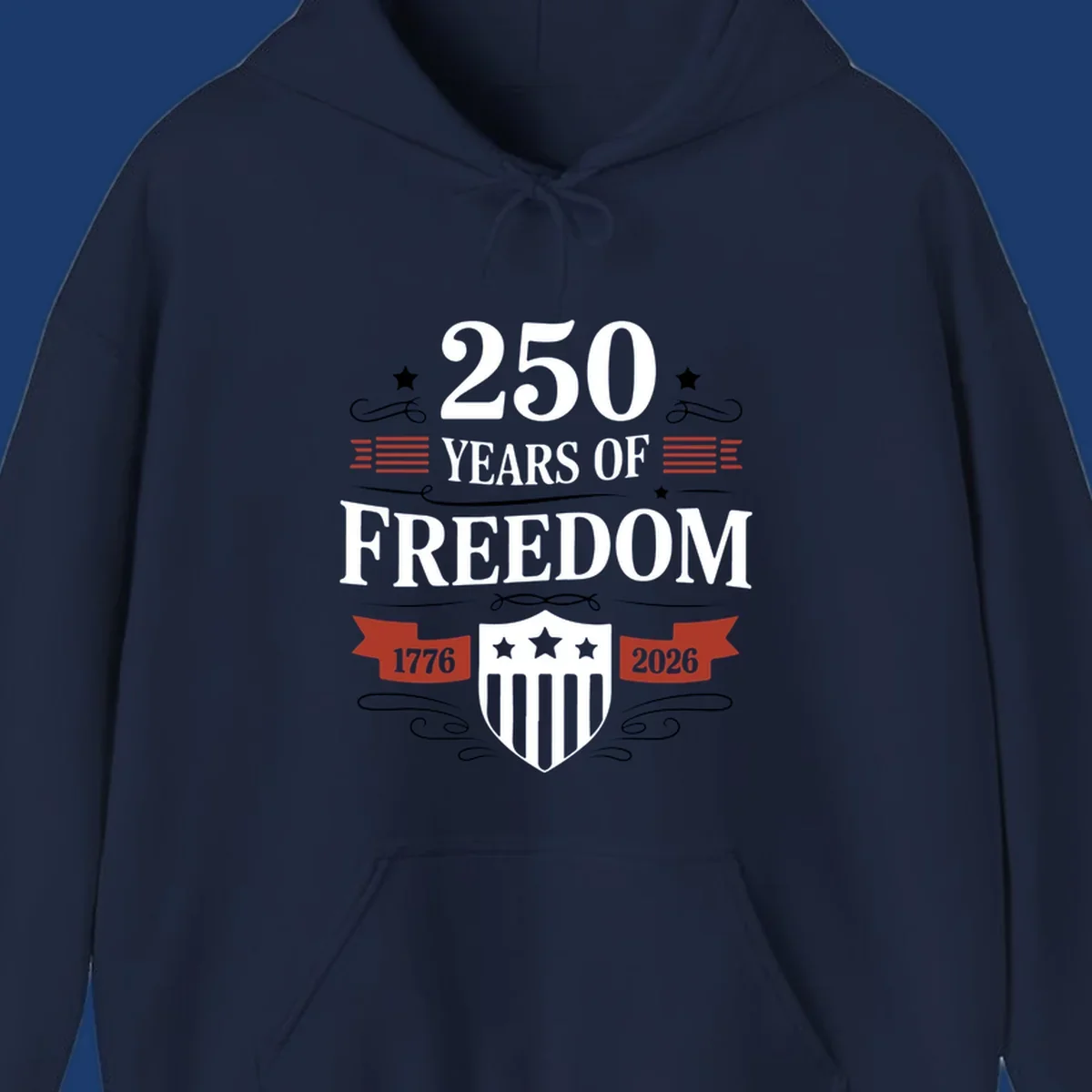 America 250 freedom text and shield graphic with 1776 and 2026 dates.