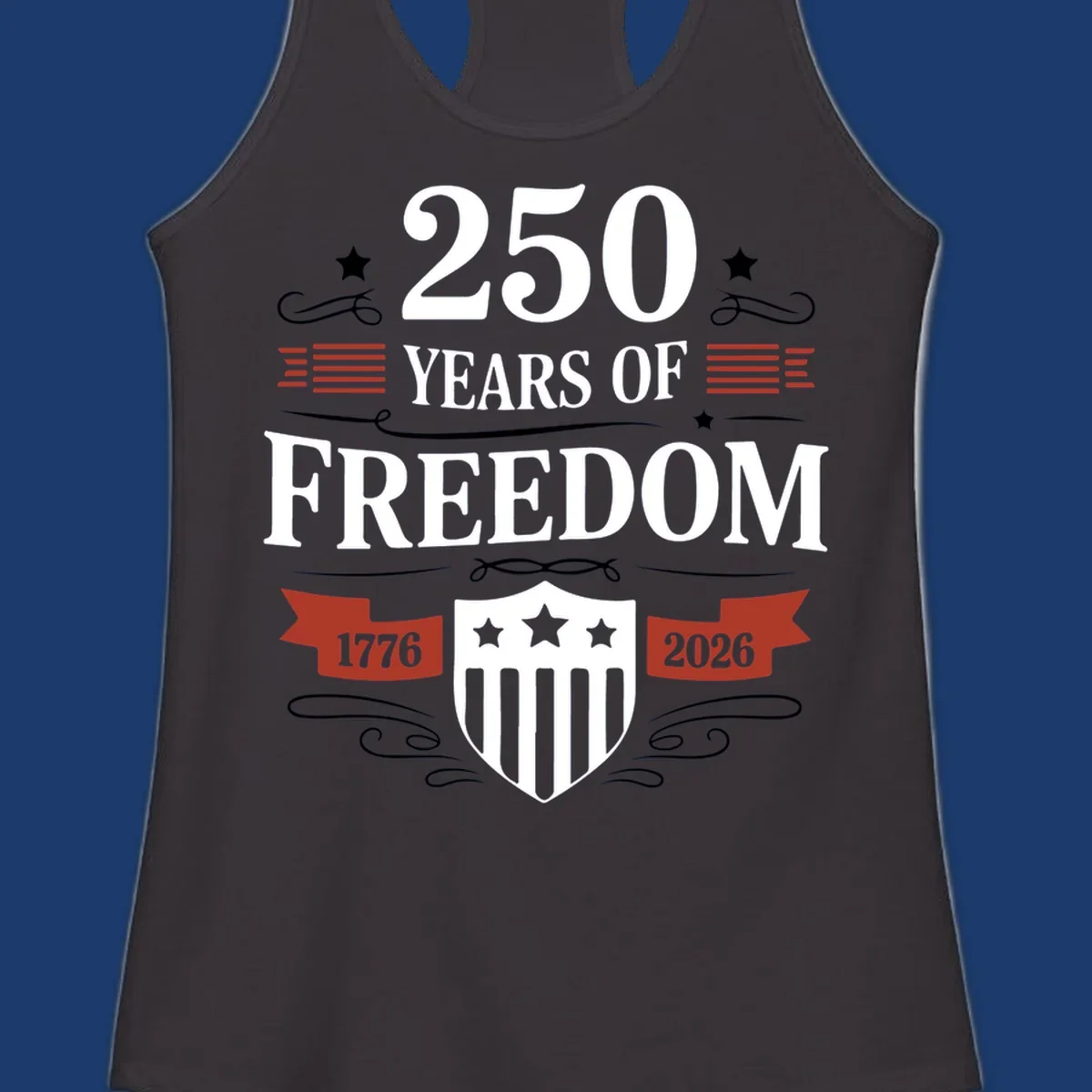 America 250 freedom text and shield graphic with 1776 and 2026 dates.