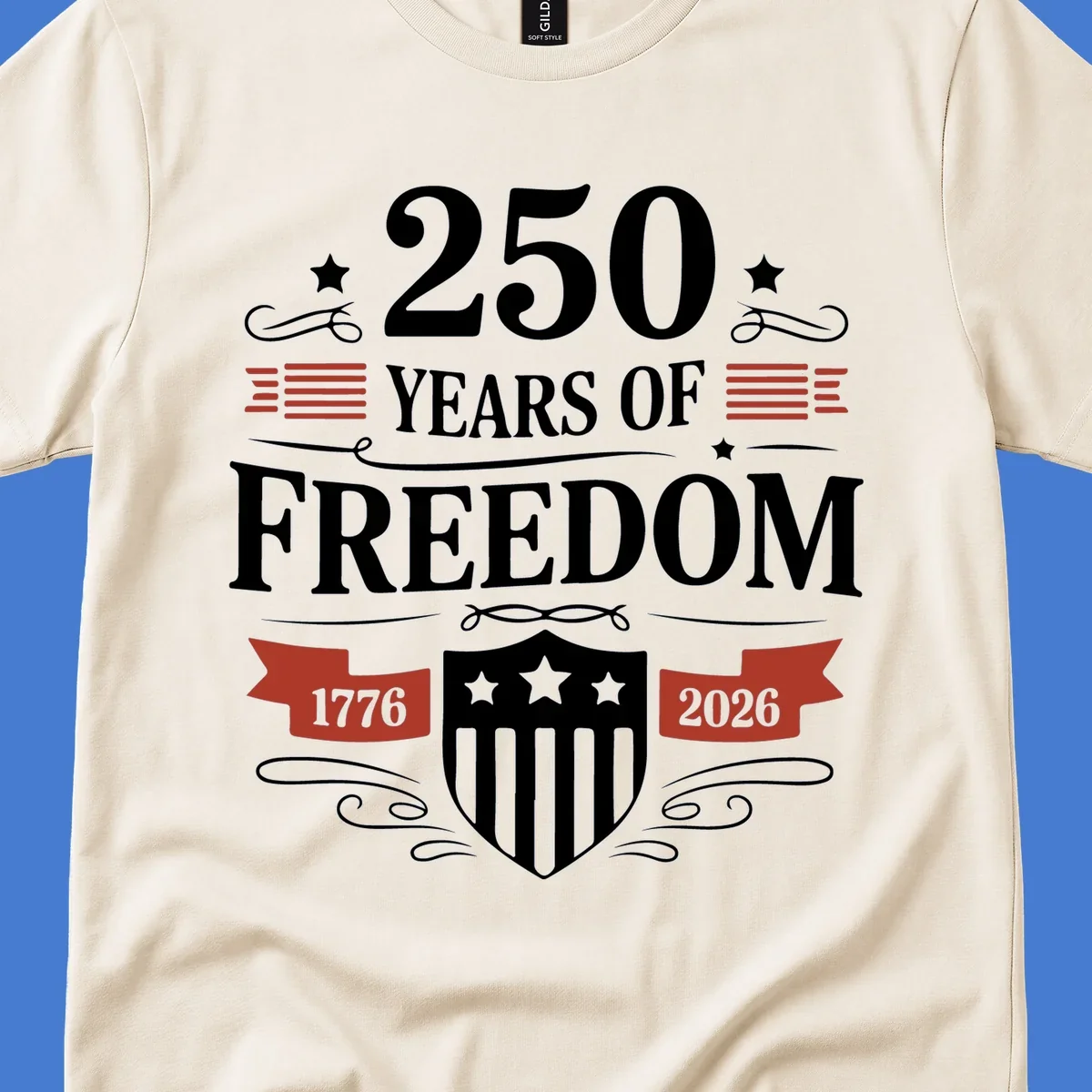 America 250 freedom text and shield graphic with 1776 and 2026 dates.