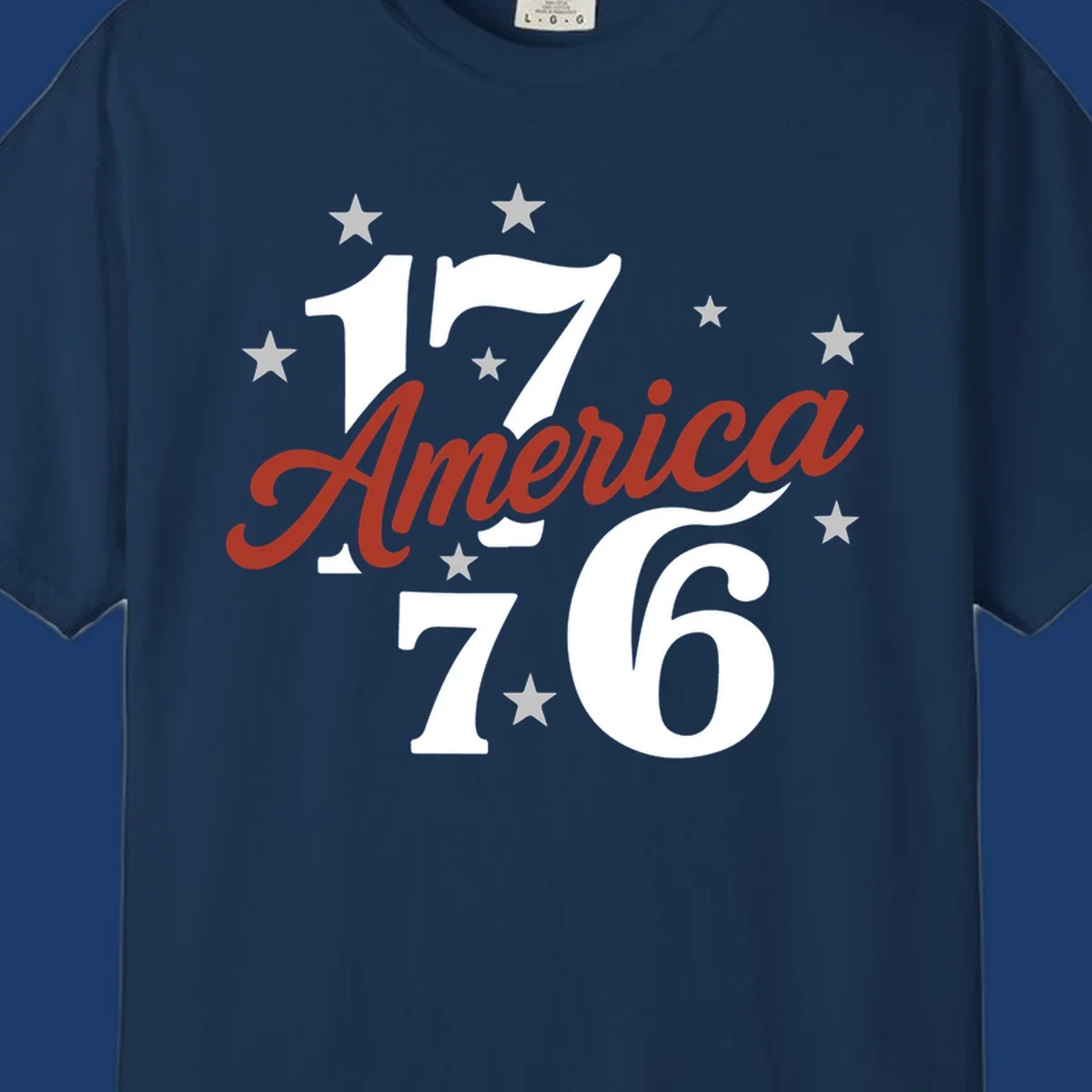 America 1776 celebration graphic with stars and bold typography.