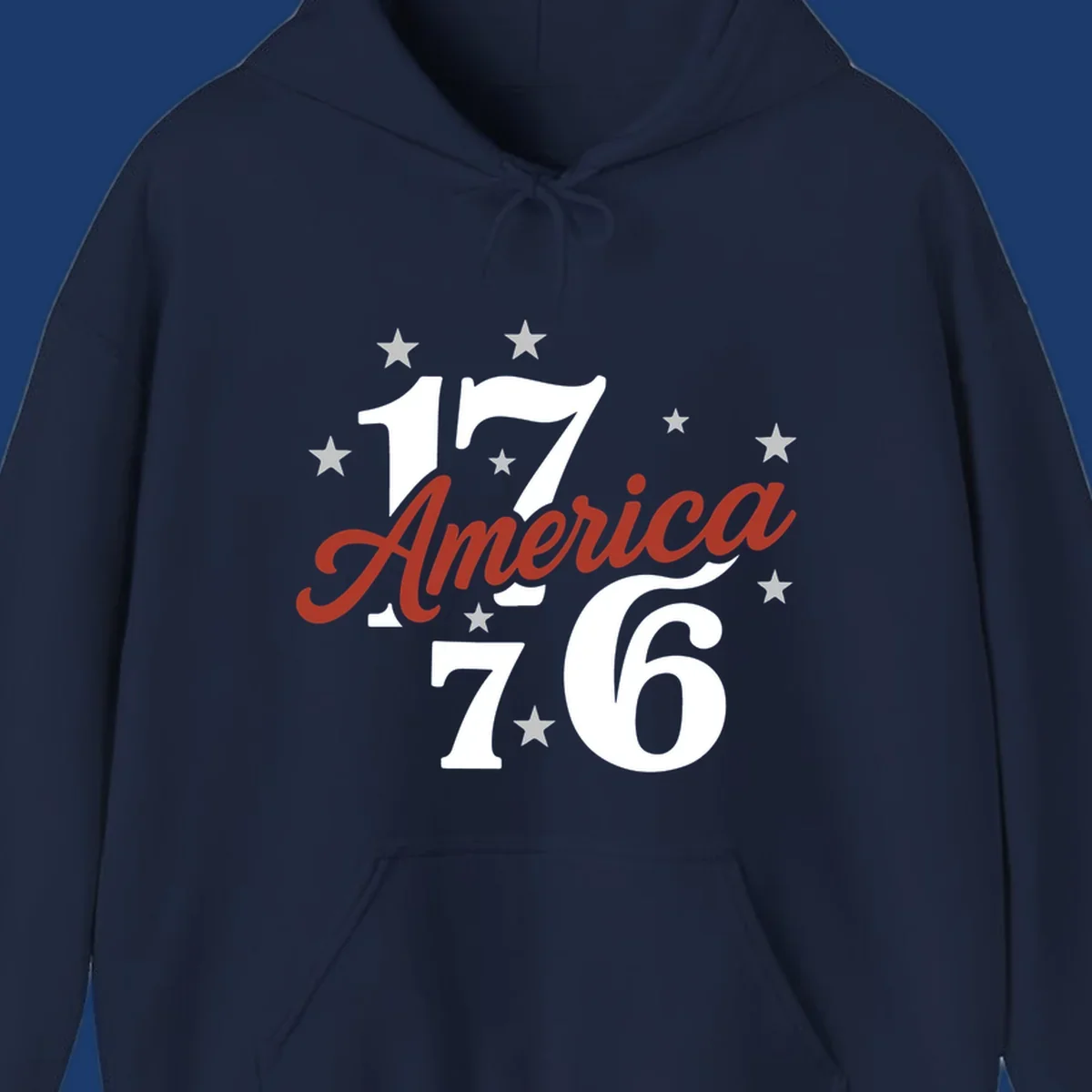 America 1776 celebration graphic with stars and bold typography.