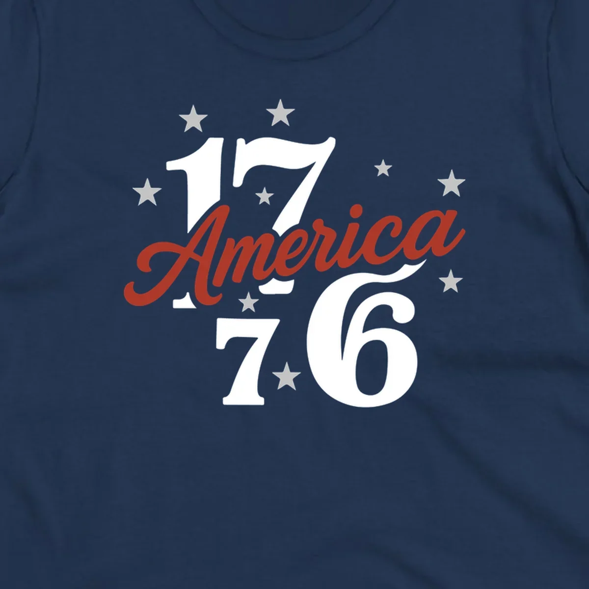 America 1776 celebration graphic with stars and bold typography.