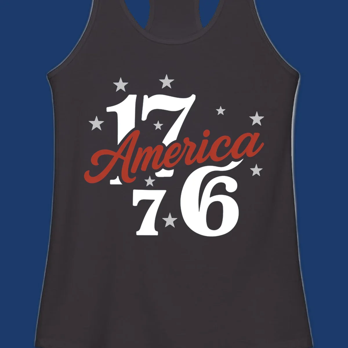 America 1776 celebration graphic with stars and bold typography.