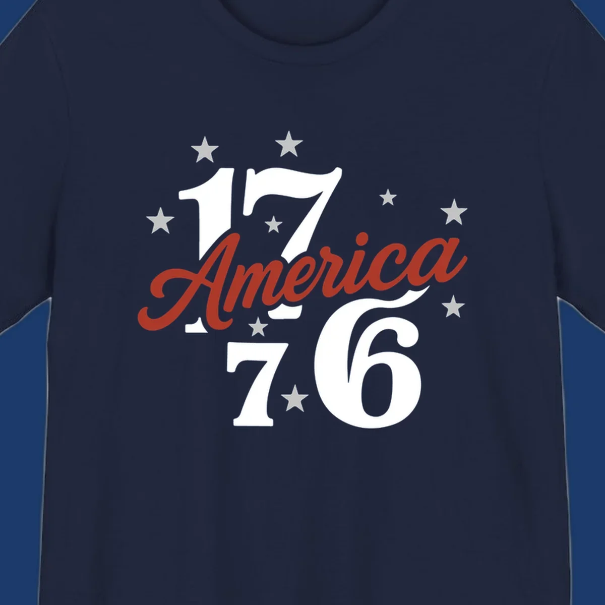 America 1776 celebration graphic with stars and bold typography.