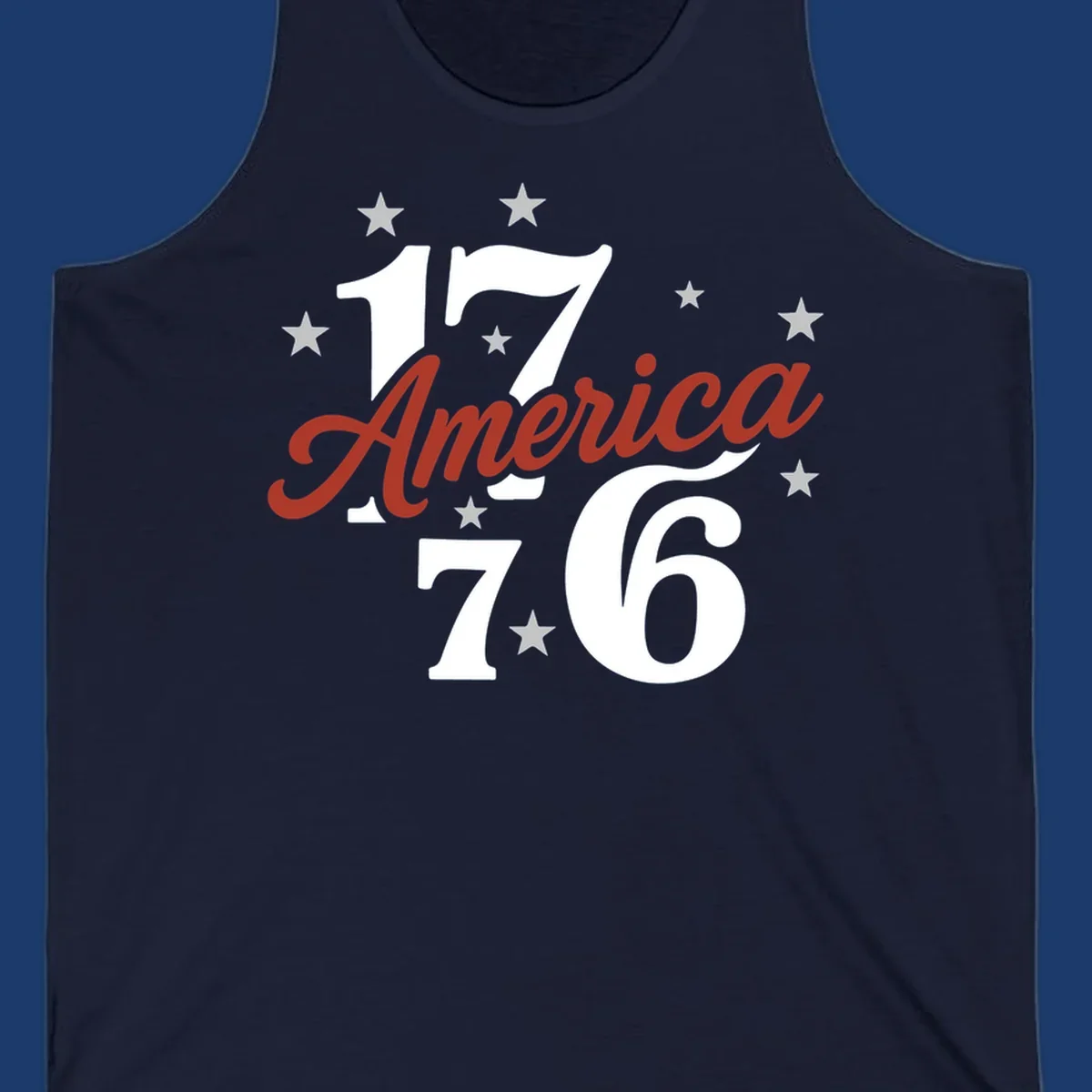 America 1776 celebration graphic with stars and bold typography.