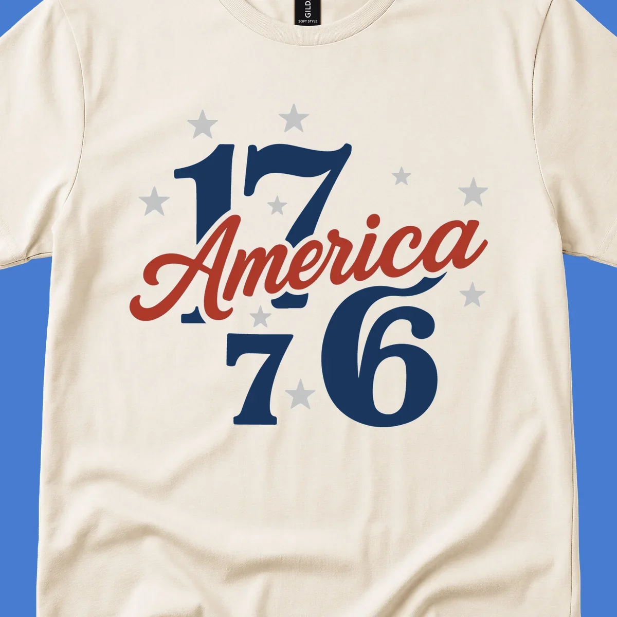 America 1776 celebration graphic with stars and bold typography.