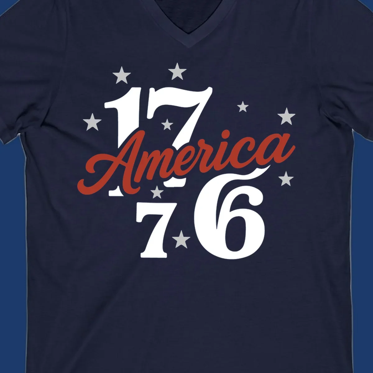 America 1776 celebration graphic with stars and bold typography.