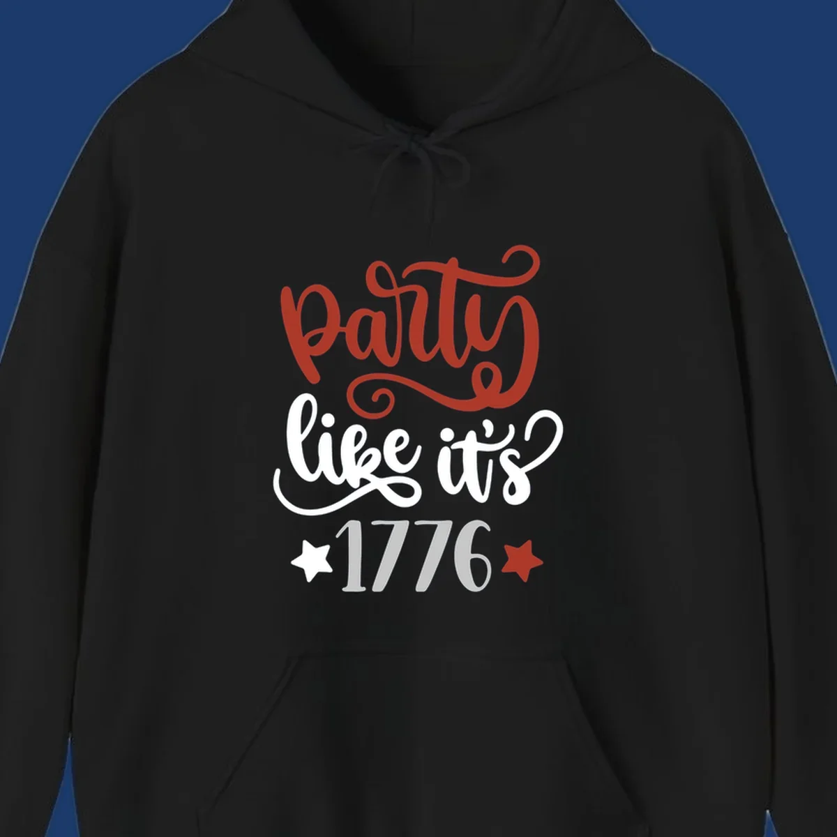 Party like it's 1776 text with stars, bold patriotic design.
