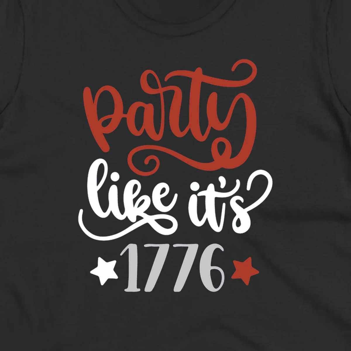 Party like it's 1776 text with stars, bold patriotic design.