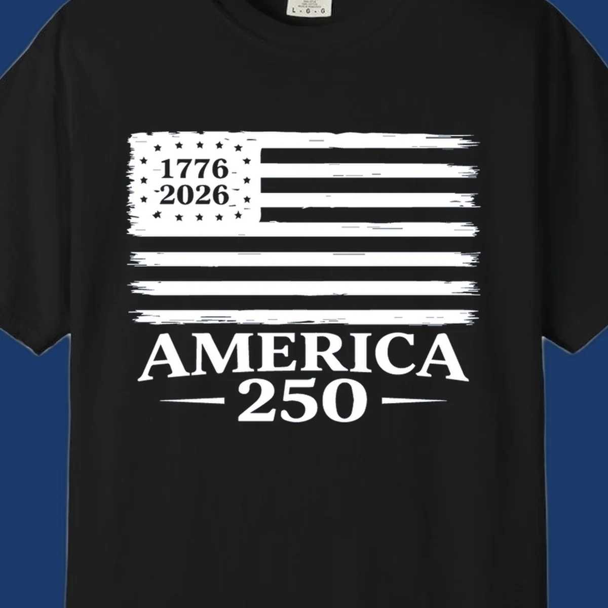 America 250th anniversary design with distressed flag and bold text.
