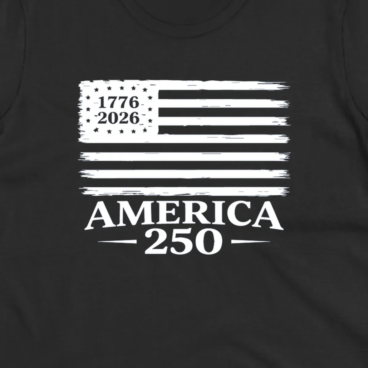 America 250th anniversary design with distressed flag and bold text.