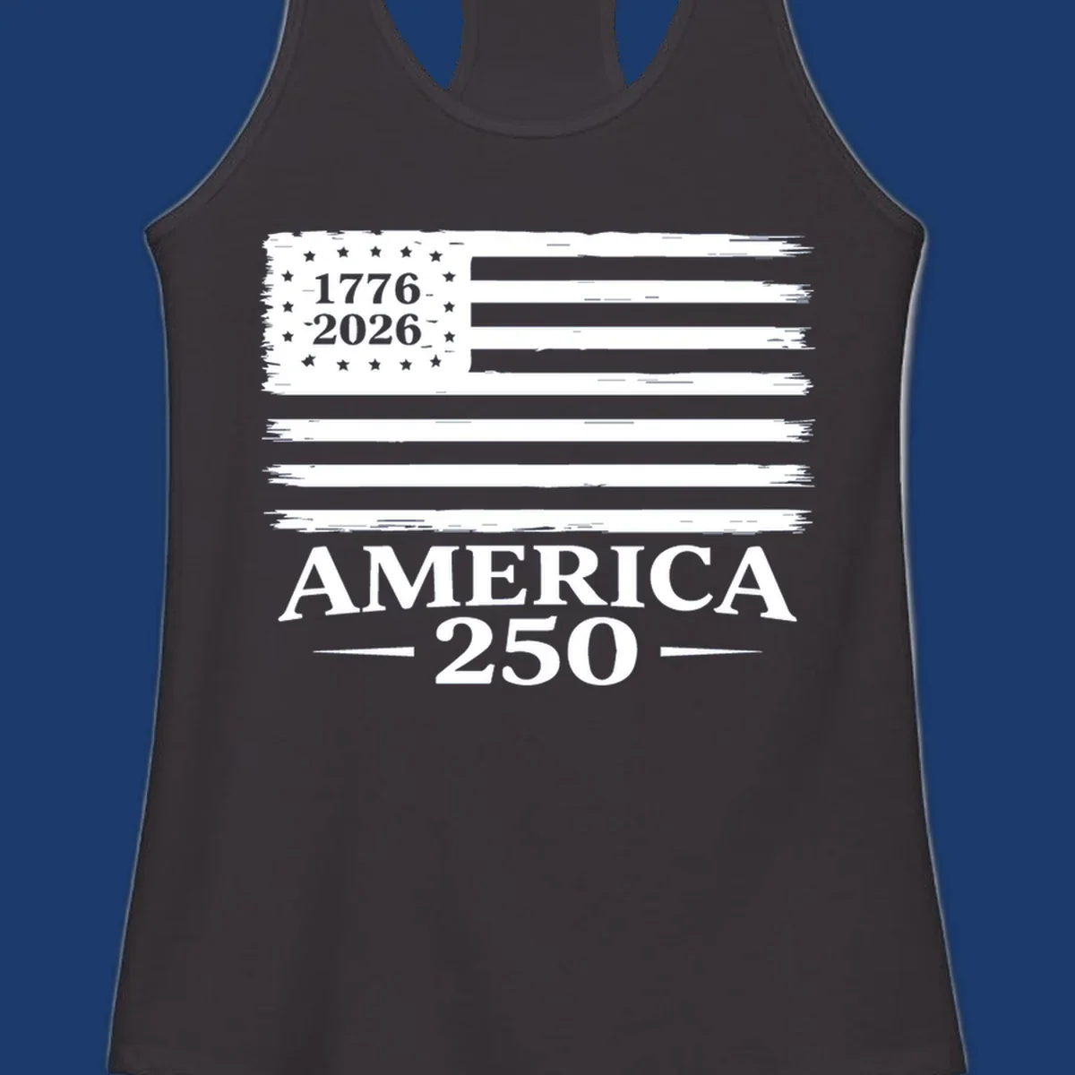 America 250th anniversary design with distressed flag and bold text.
