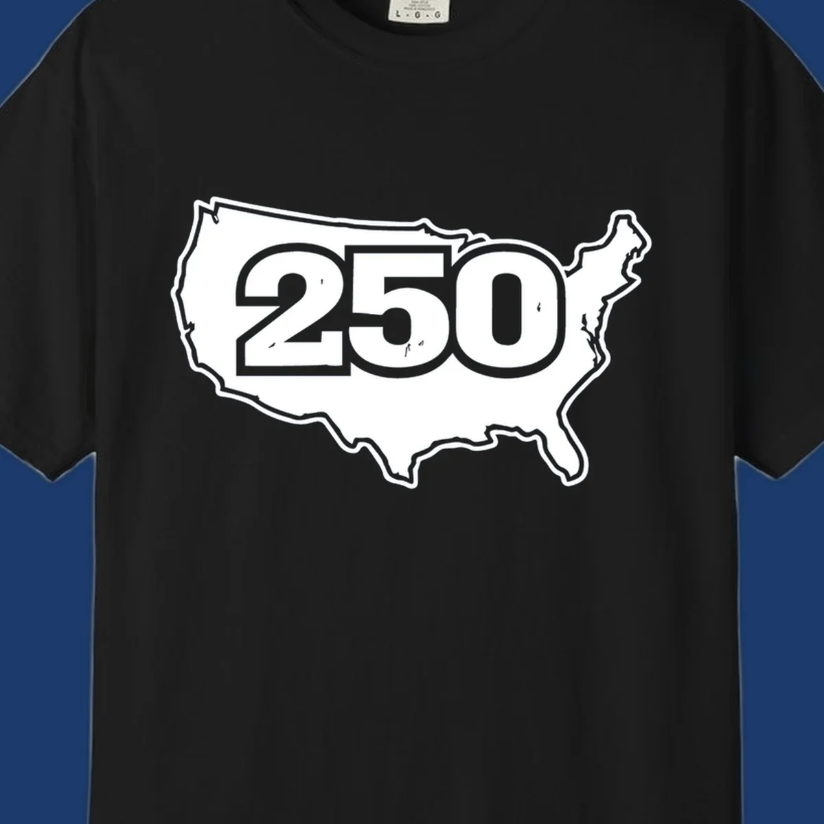 America 250th anniversary celebration design featuring the number 250 over a USA map.