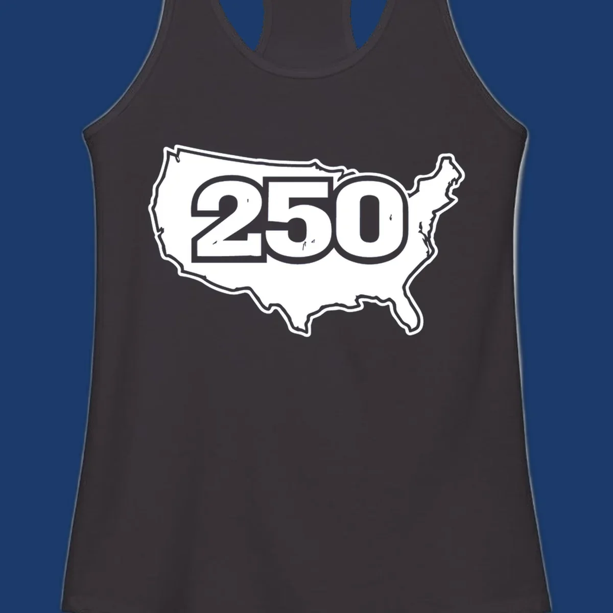 America 250th anniversary celebration design featuring the number 250 over a USA map.