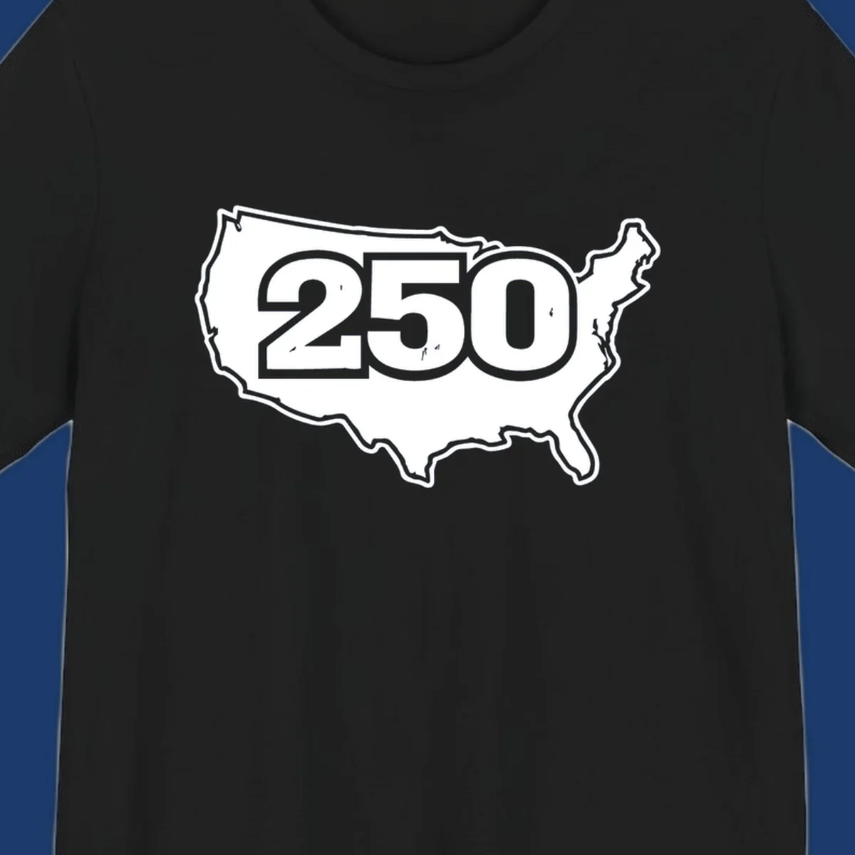 America 250th anniversary celebration design featuring the number 250 over a USA map.