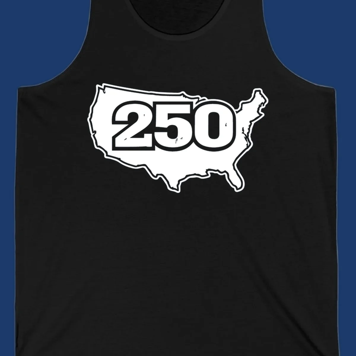 America 250th anniversary celebration design featuring the number 250 over a USA map.
