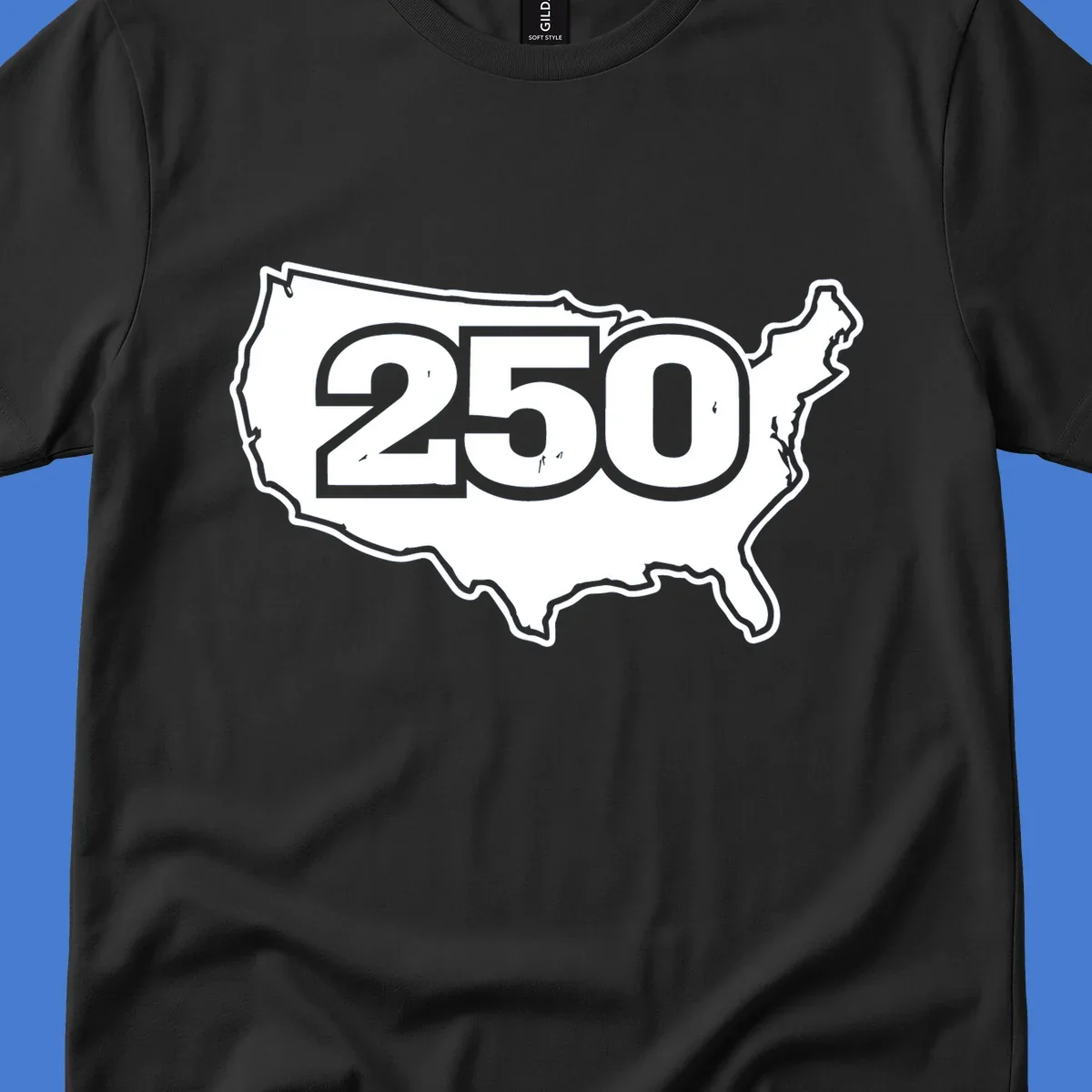 America 250th anniversary celebration design featuring the number 250 over a USA map.